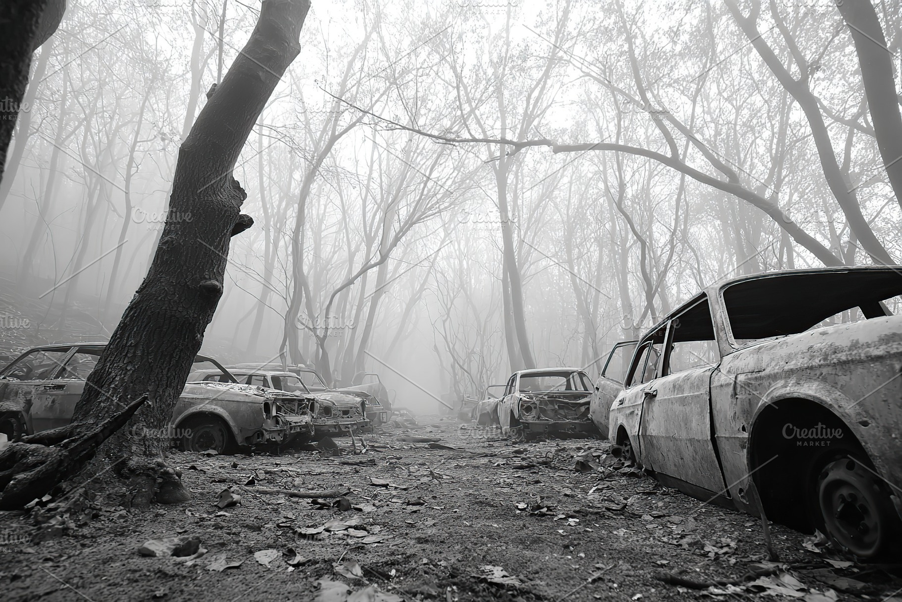 Vehicles abandoned in a foggy forest after a wildfire in a desolate landscape, a Photo by AlyaAnd