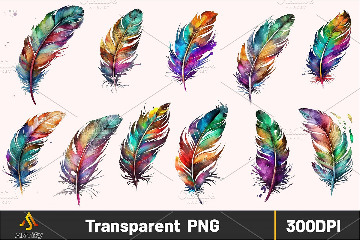 Watercolor Bright Feathers Clipart, an Object Illustration by ARTify Illustrations (Photo 2 of 8)