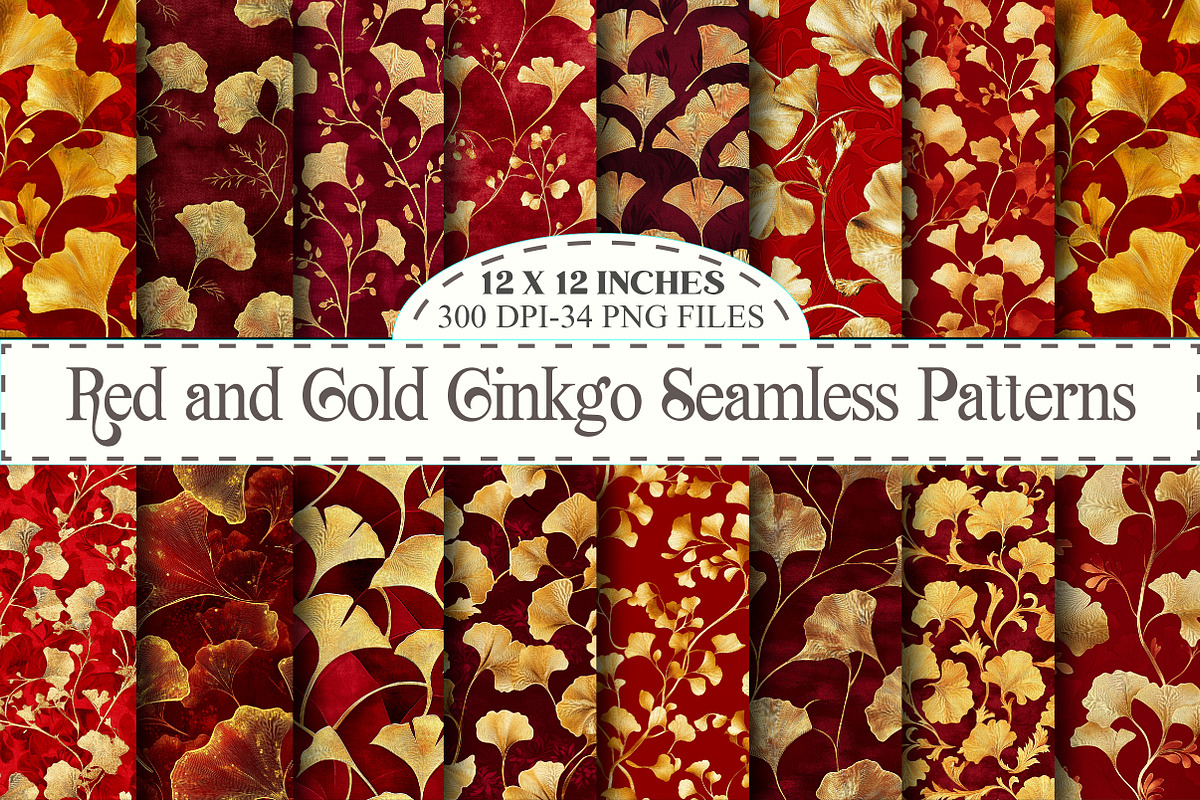 Red and Gold Ginkgo Digital Paper, a Pattern Graphic by designcity5 (Photo 1 of 5)