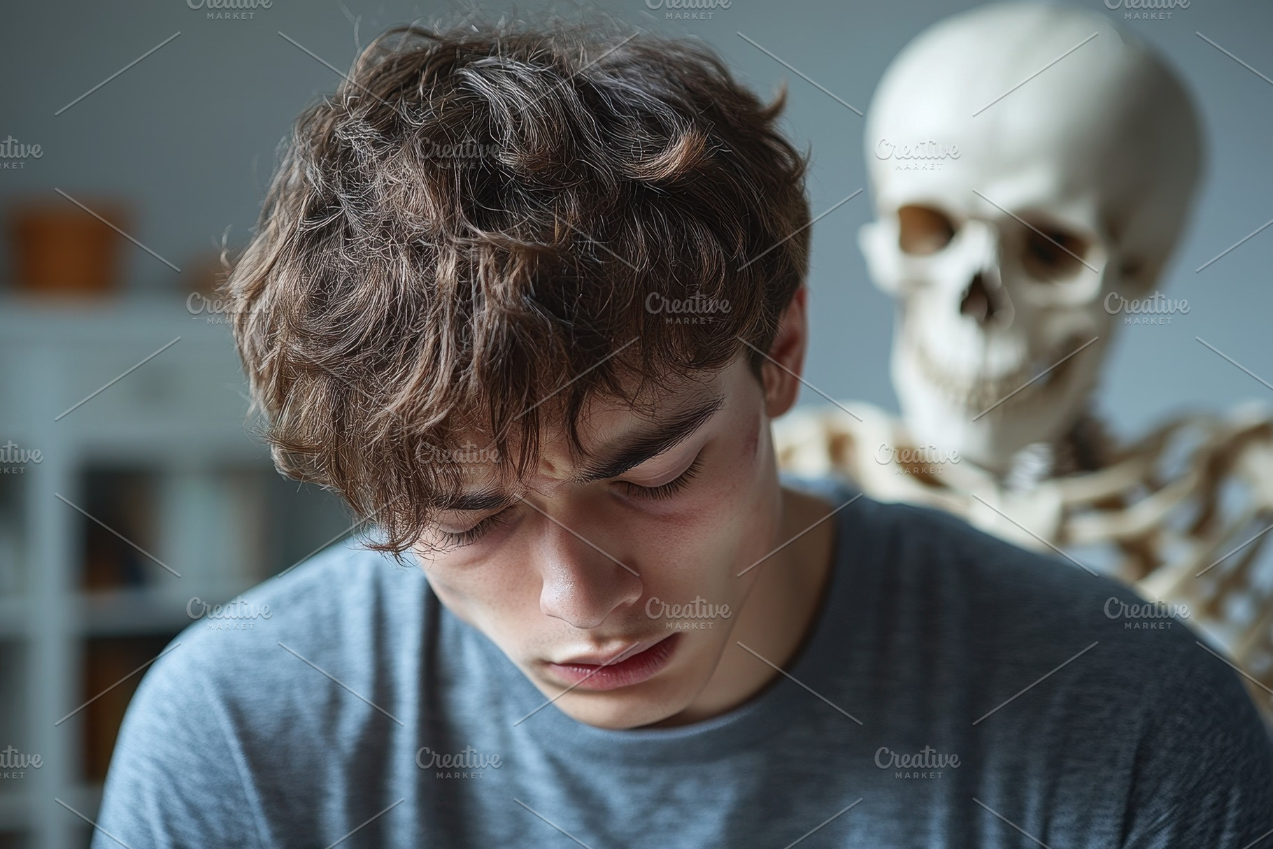 Young man sitting with a skeleton in, a Photo by Tanuart