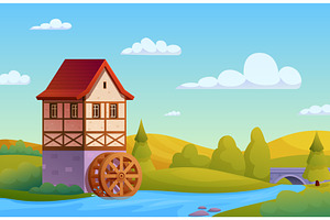 Water mill illustration. Wooden, an Illustration by Valerie Bodnar