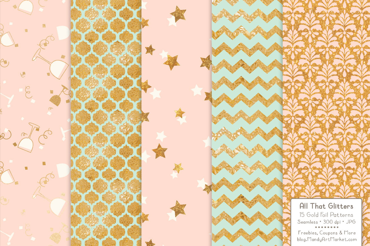 Mint & Peach Gold Foil Digital Paper, a Pattern Graphic by Amanda Ilkov (Photo 4 of 4)