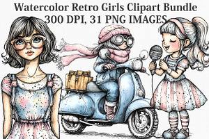 Watercolor Retro Girls Clipart, an Illustration by Canvas Craft