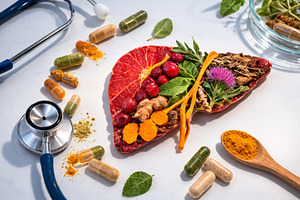 Herbal supplements in shape of liver, a Photo by Dvoevnore photos