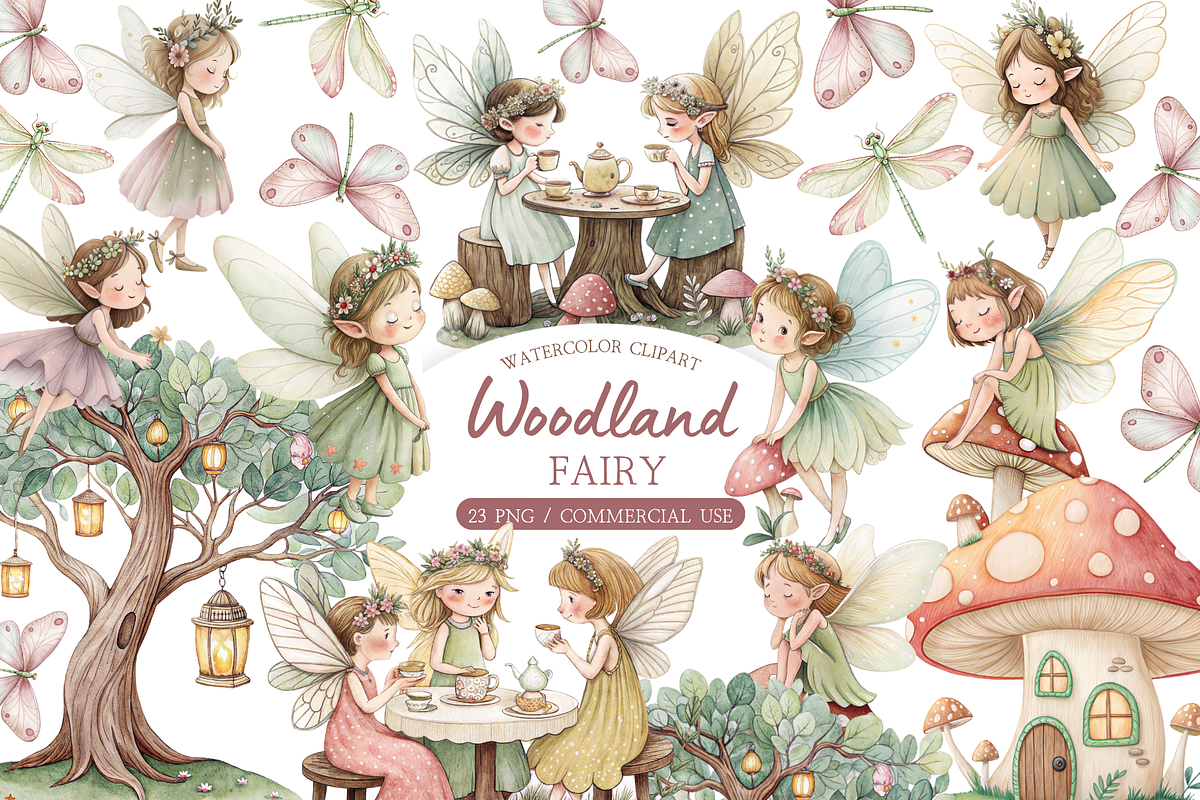 Watercolor Pink Fairy Clipart Bundle, an Illustration by MockupWizard (Photo 1 of 6)