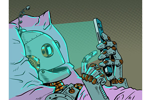 Pop Art Retro A robot in bed staring, a Technology Illustration by studiostoks