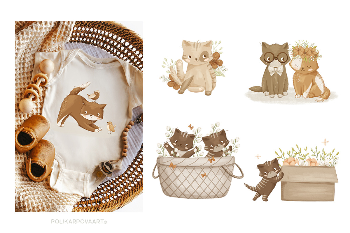 Floral kittens - clipart & patterns, an Animal Illustration by polikarpovaart (Photo 5 of 15)