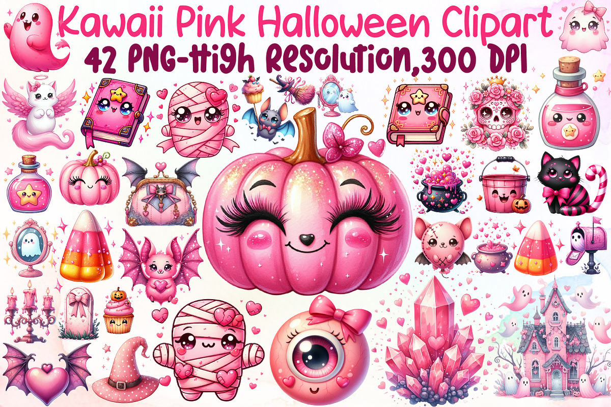 Kawaii Pink Halloween Clipart Bundle, an Illustration by Sublimation Artist (Photo 1 of 6)