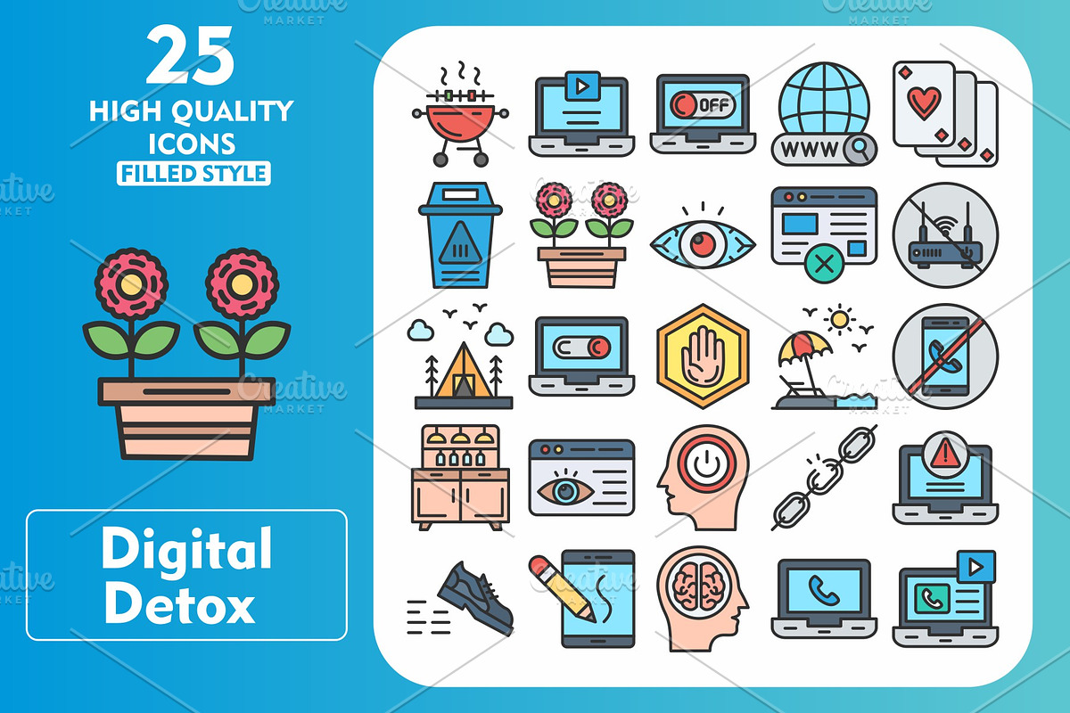 25 Digital Detox Line Filled Icons, an Icon by Pexelpy