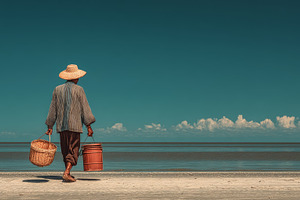 Farmer walking on a quiet beach carrying wicker basket and bucket wearing a str, a Photo by AS photostudio