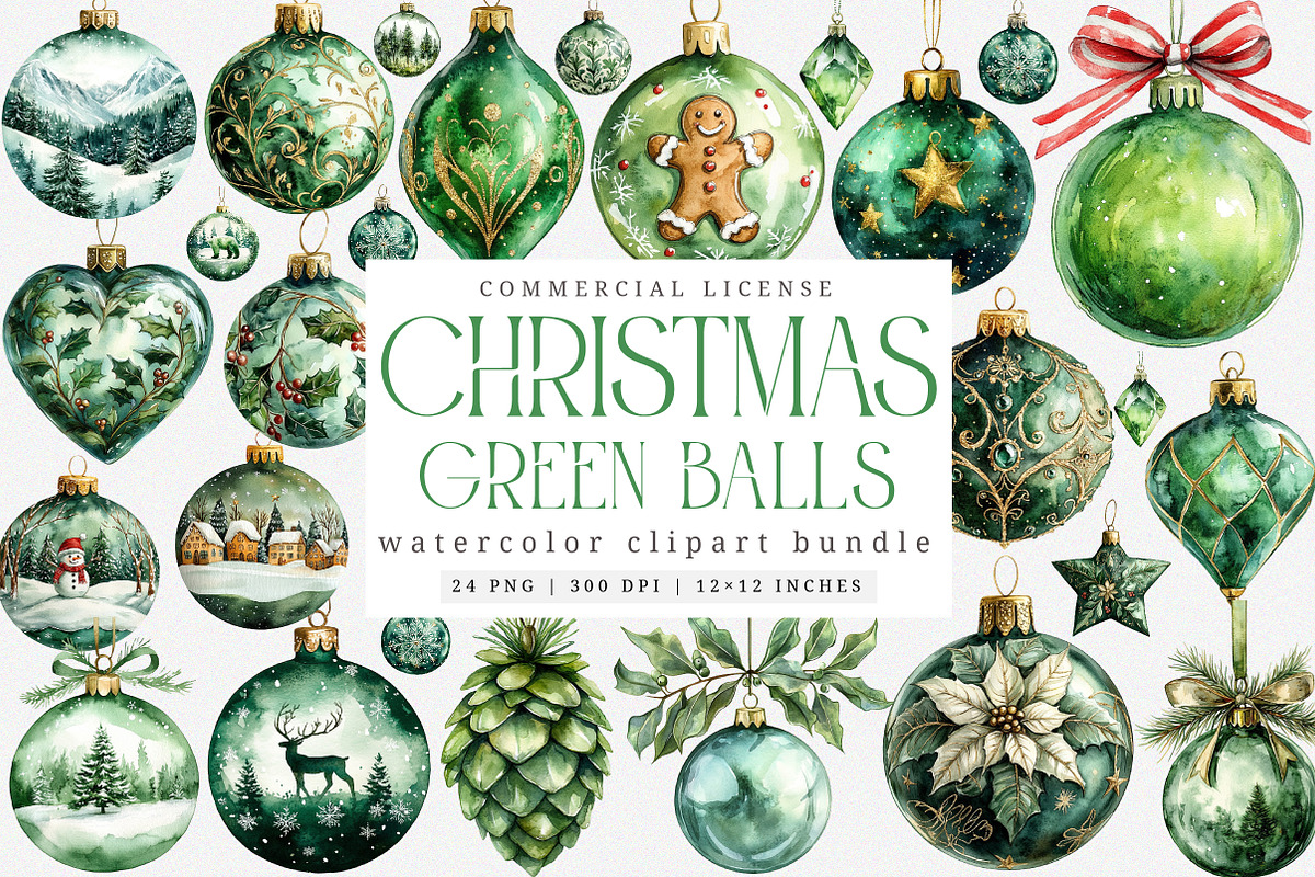 Green Christmas Balls Clipart Bundle, an Illustration by SinaCreation (Photo 1 of 7)