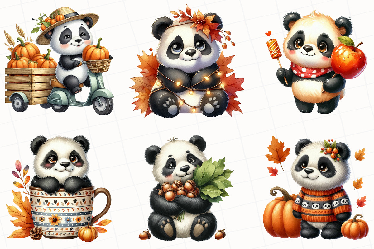 Watercolor Autumn Panda Clipart, an Illustration by OK Design (Photo 5 of 5)