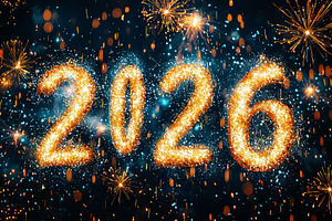Sparkling golden 2026 numbers with fireworks and glitter against, a Background Photo by José Manuel Gelpi
