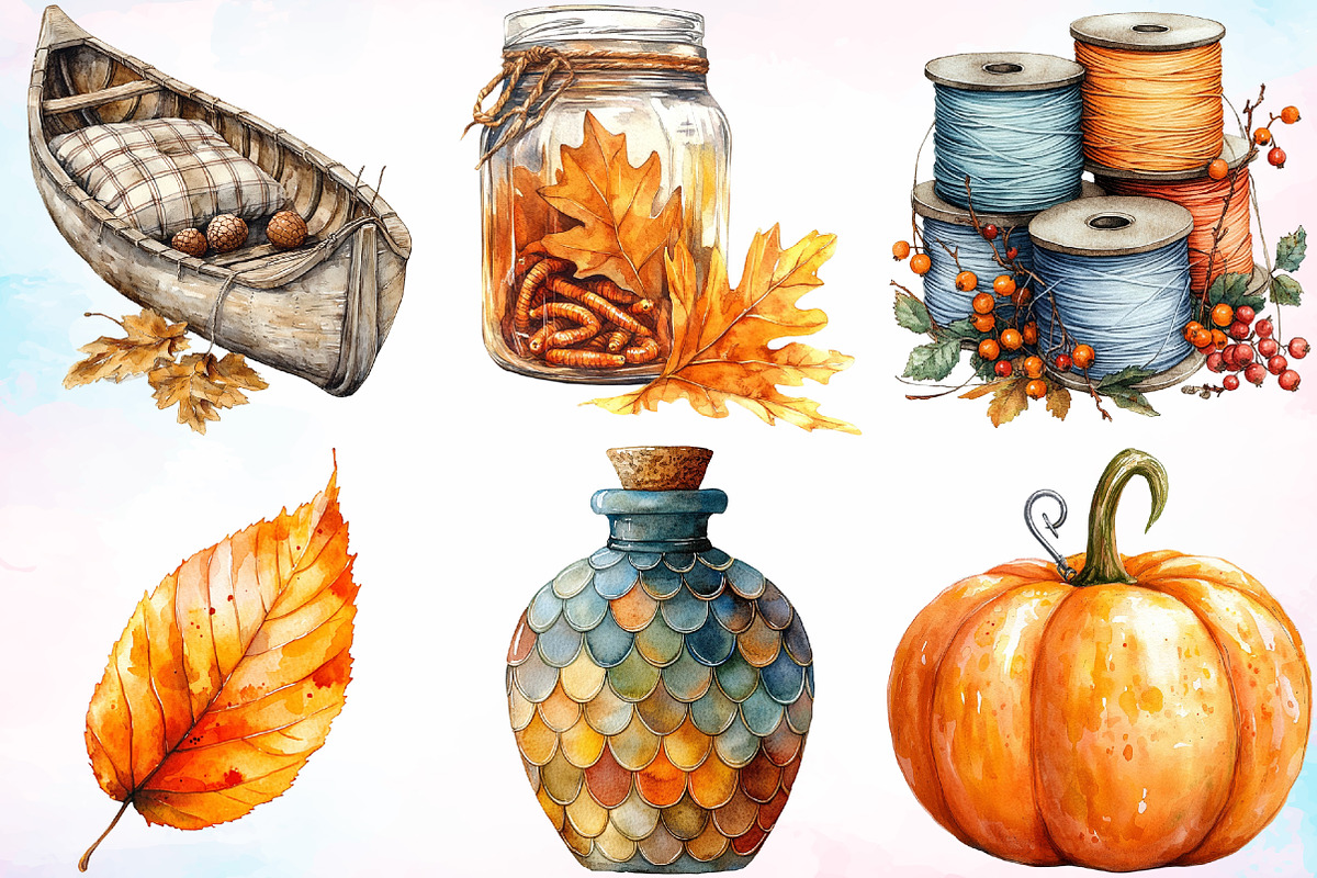 Watercolor Fall Fishing Clipart PNG, a Seasonal Illustration by Canvas Craft (Photo 4 of 8)