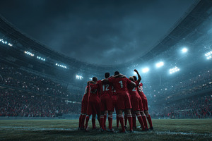 Soccer Team Huddle Stadium Night Gam, a Photo by Pixeness Studio