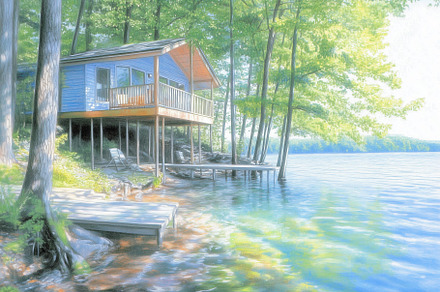 A serene lakeside cabin surrounded by trees, featuring a deck and dock extendin, an Arts & Entertainment Photo by Textures & Backgrounds