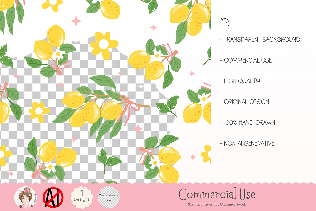 Lemon Seamless Pattern, Yellow Lemon, an Illustration by Chonnieartwork (Photo 2 of 5)