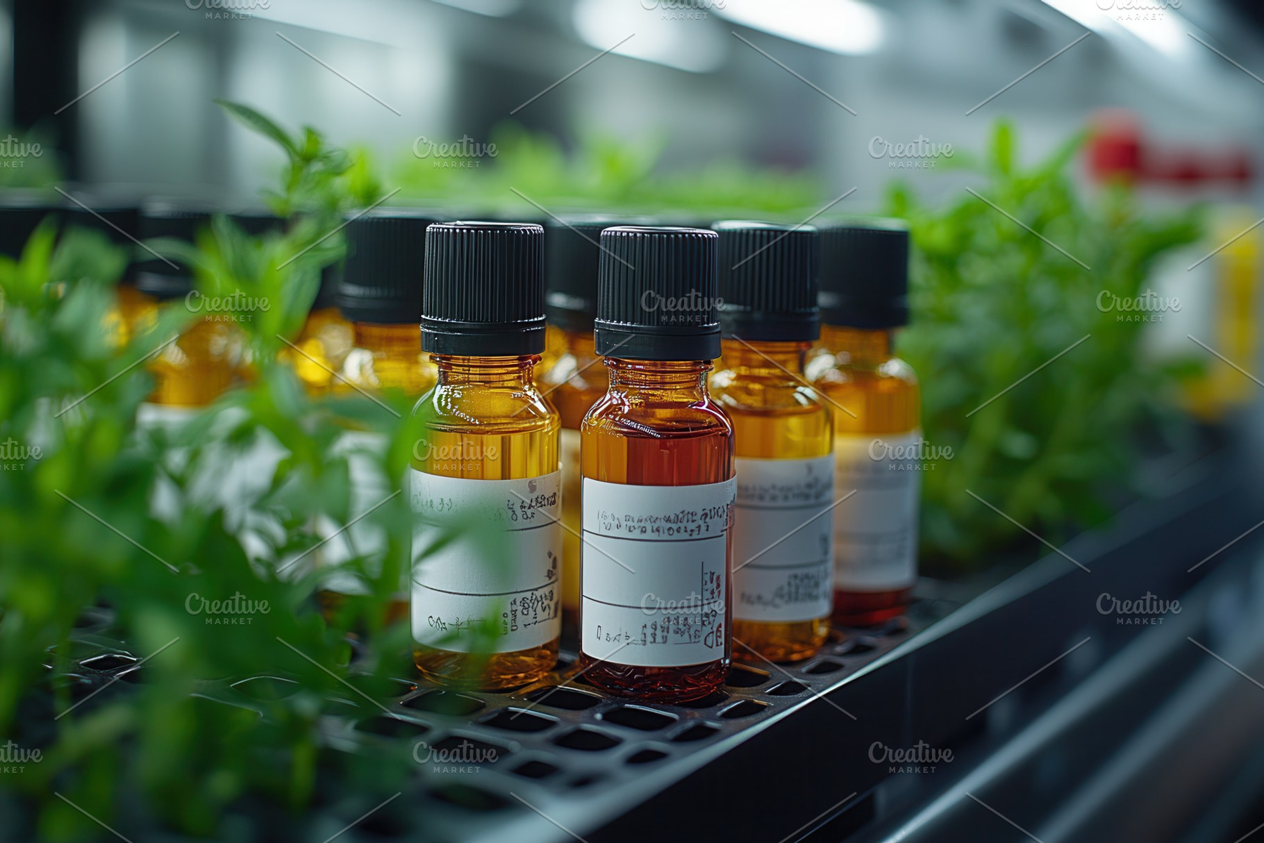 Bottles of essential oils arranged o, a Photo by Tanuart
