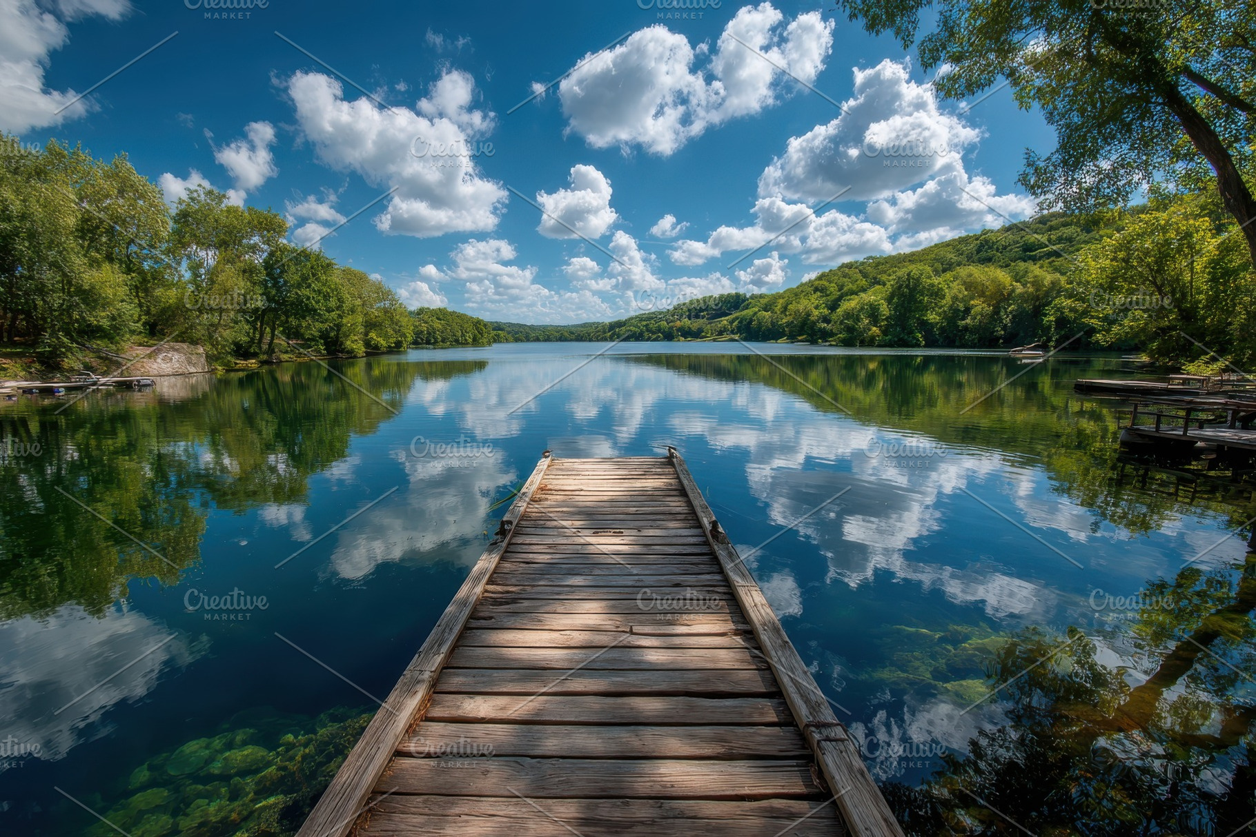 Wooden dock extends over calm lake r, a Photo by Pixeness Studio