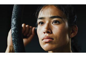 Close-up of a determined Asian woman, a Sports & Recreation Photo by Sergey Kotenev