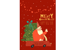 Santa Claus Driving Car with Stack, an Object Illustration by Maria Starus