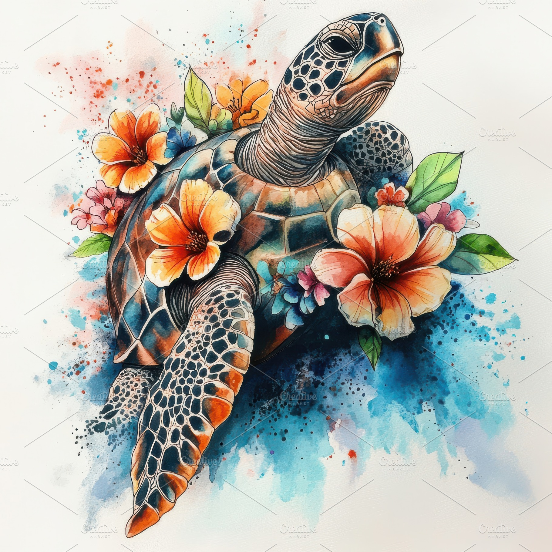 Watercolor Sea Turtle with Vibrant F, an Abstract Photo by Pixeness