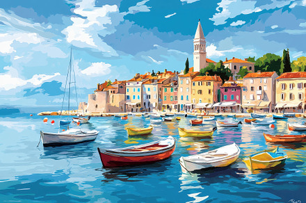 Vibrant boats bob serenely in clear, a Photo by Tanuart