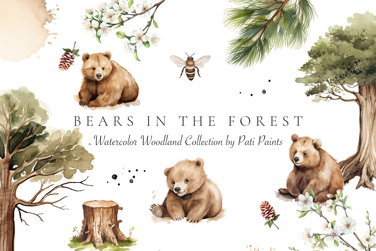 Watercolor Bears in the Forest Cute, an Animal Illustration by Pati Paints (Photo 1 of 13)