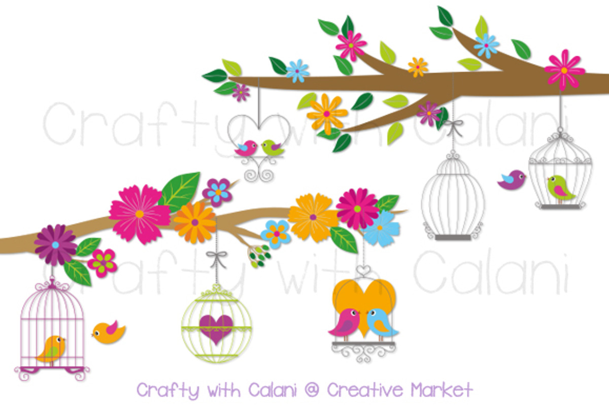 Love Bird with Bird Cage Clipart, an Illustration by Crafty with Calani