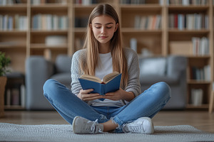 Teenage girl reading a book and sit, a Person Photo by MistyDay