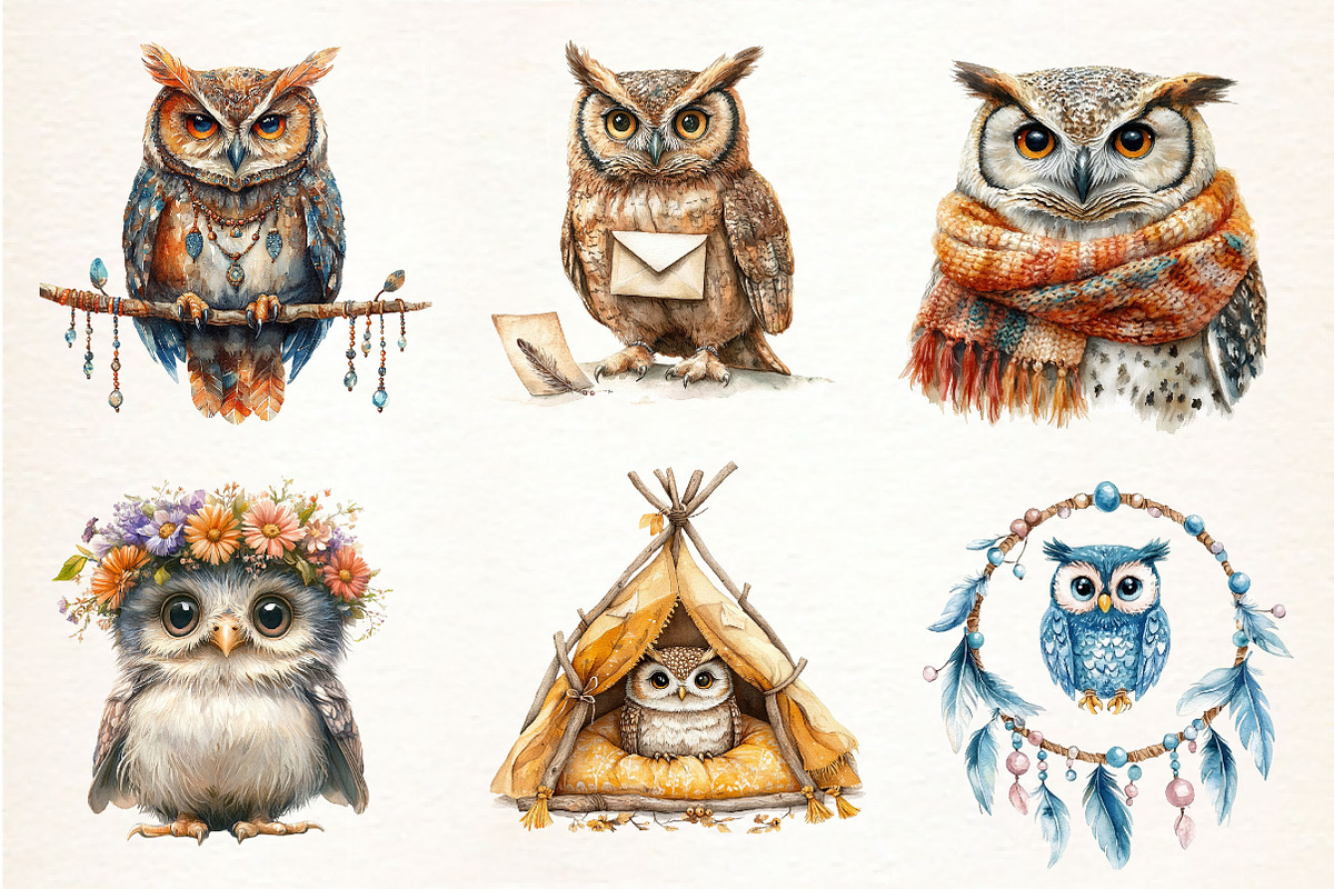 Boho Owl Sublimation Clipart, an Illustration by Dream Creation (Photo 3 of 7)