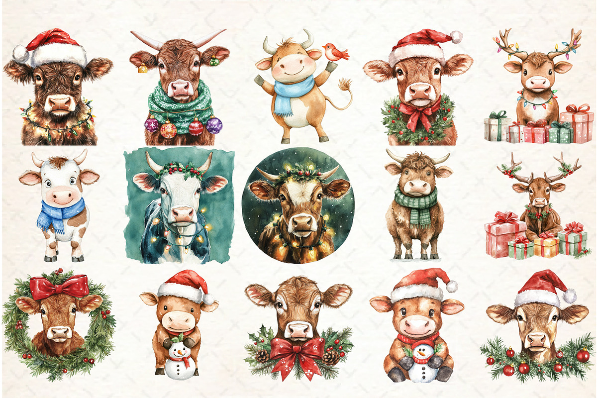 Christmas Highland Cow Clipart Bundl, an Illustration by Libby Wishes (Photo 2 of 7)