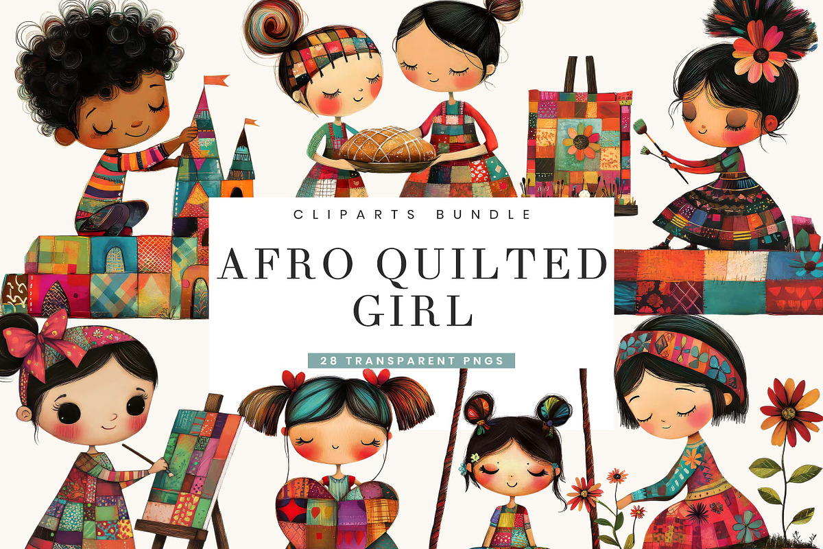 Afro Quilted Girl Clipart Bundle, a Person Illustration by BusyDaydesign (Photo 1 of 9)