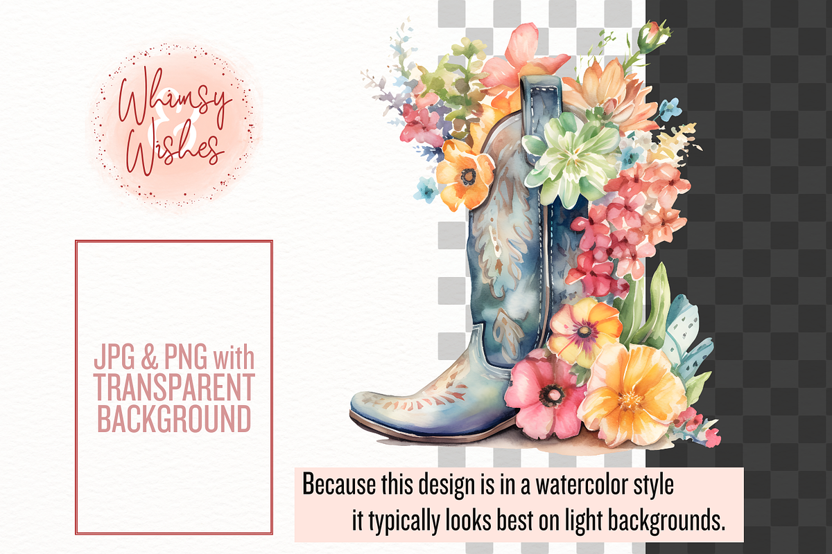 Floral Cowboy Boots Watercolor, a Decorative Illustration by Whimsy & Wishes (Photo 5 of 7)