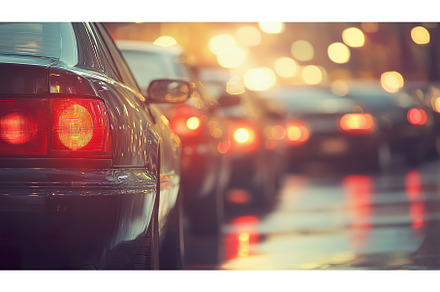 Busy city traffic at sunset with, a Transportation Photo by Lermont51