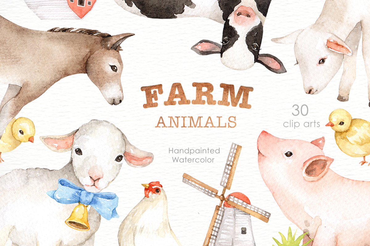 Farm Animals Watercolor clipart, an Animal Illustration by everysunsun (Photo 1 of 6)