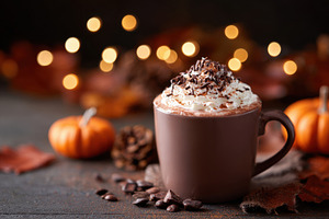 Cozy hot chocolate with autumn decor, a Food & Drink Photo by AlyaAnd