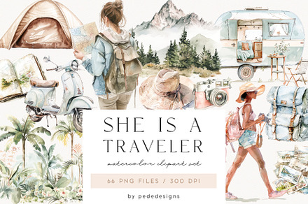She Is A Traveler II, a Decorative Illustration by PeDe Designs