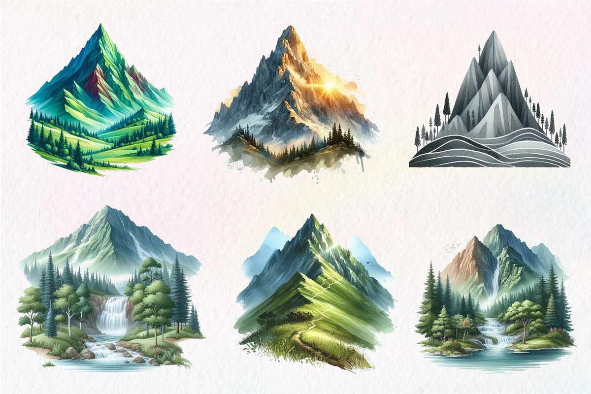 Watercolor Mountain Clipart, an Illustration by CreationArt (Photo 3 of 9)
