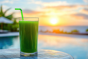 Vibrant green juice served by the poolside during sunset in a tropical paradise, a Food & Drink Photo by AlyaAnd