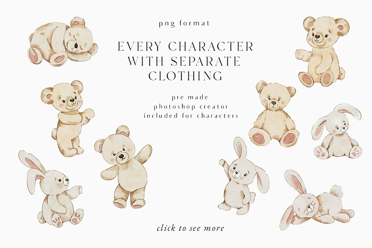 Teddy Bear & Bunny Watercolor spring, a Decorative Illustration by Grace Noboa Illustrations (Photo 11 of 14)