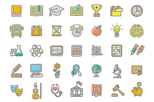 Flat Linear School Subjects Icons