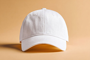 Minimalist design of a white cap on a soft beige background showcasing a simple, a Photo by AlyaAnd