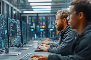 Programmers working late in a server, a Photo by Pixeness Studio