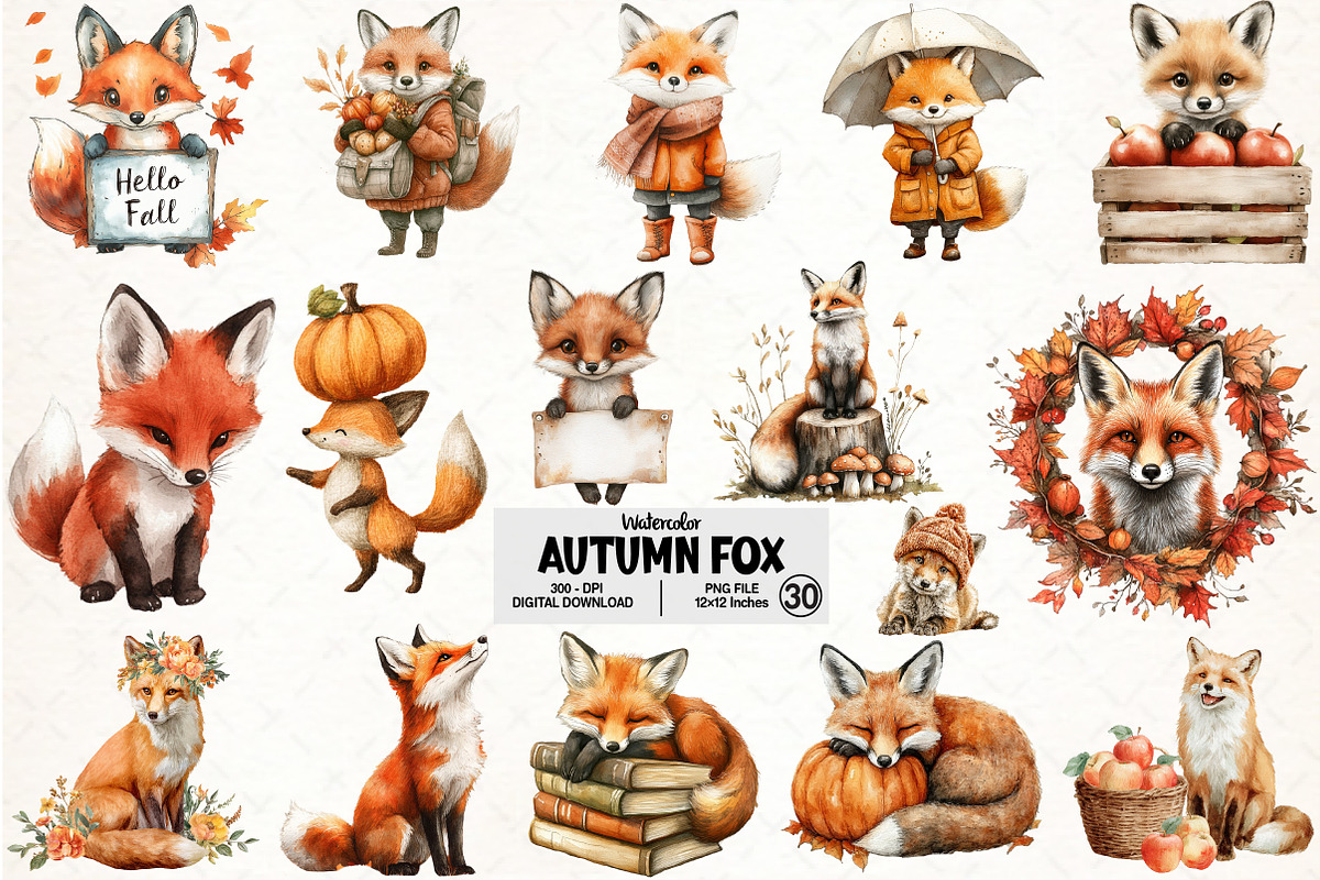 Watercolor Autumn Fox Clipart, an Illustration by Pixels.Craft (Photo 1 of 7)