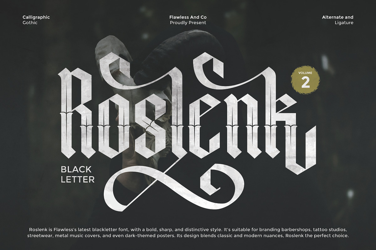 Roslenk Vol2 – Blackletter Font, a Blackletter Font by Flawless And Co (Photo 1 of 10)