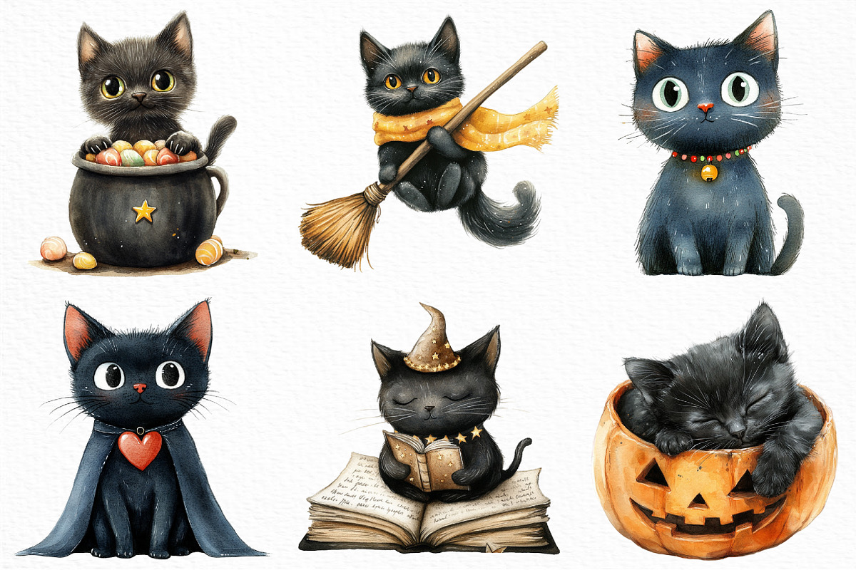 Watercolor Cute Halloween Black Cats, an Illustration by Craft Nest (Photo 4 of 6)