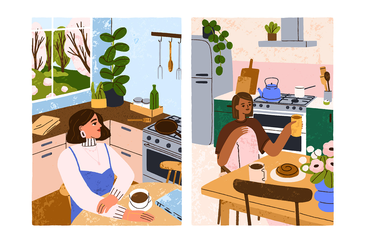 People in cozy home kitchen cards, a Person Illustration by Good Studio (Photo 2 of 5)