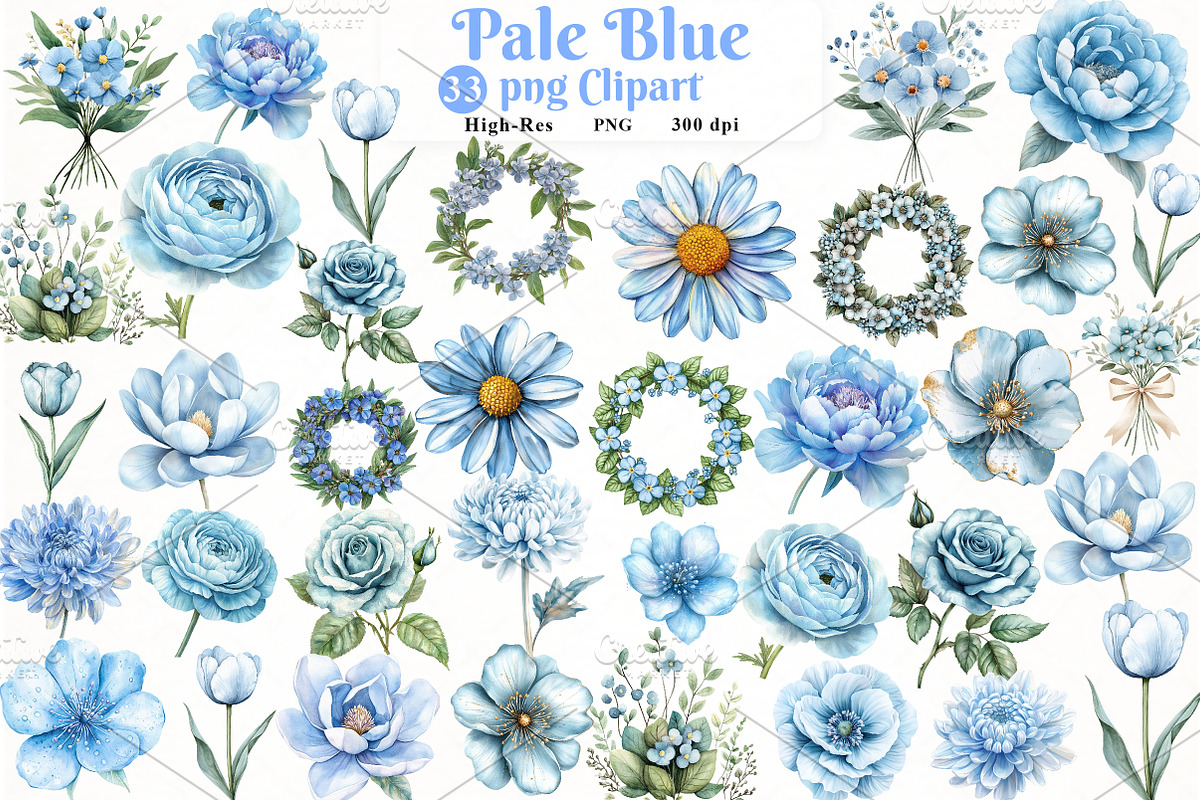 Pale blue flowers watercolor clipart, an Illustration by Watercolor design (Photo 1 of 4)