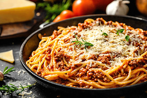 Spaghetti bolognese with ground beef on a frying pan, a Food & Drink Photo by AlyaAnd